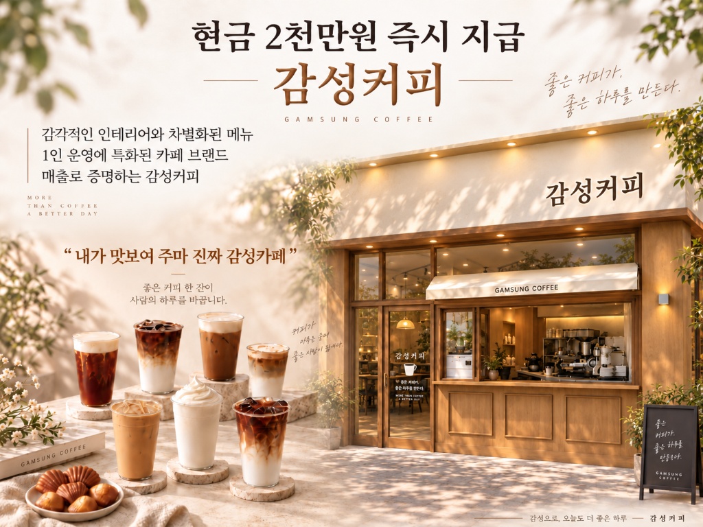 현금 2천만원 즉시 지급 감성커피. 감각적인 인테리어와 차별화된 메뉴, 1인 운영에 특화된 카페 브랜드. 매출로 증명하는 감성커피. 좋은 커피가, 좋은 하루를 만든다.
